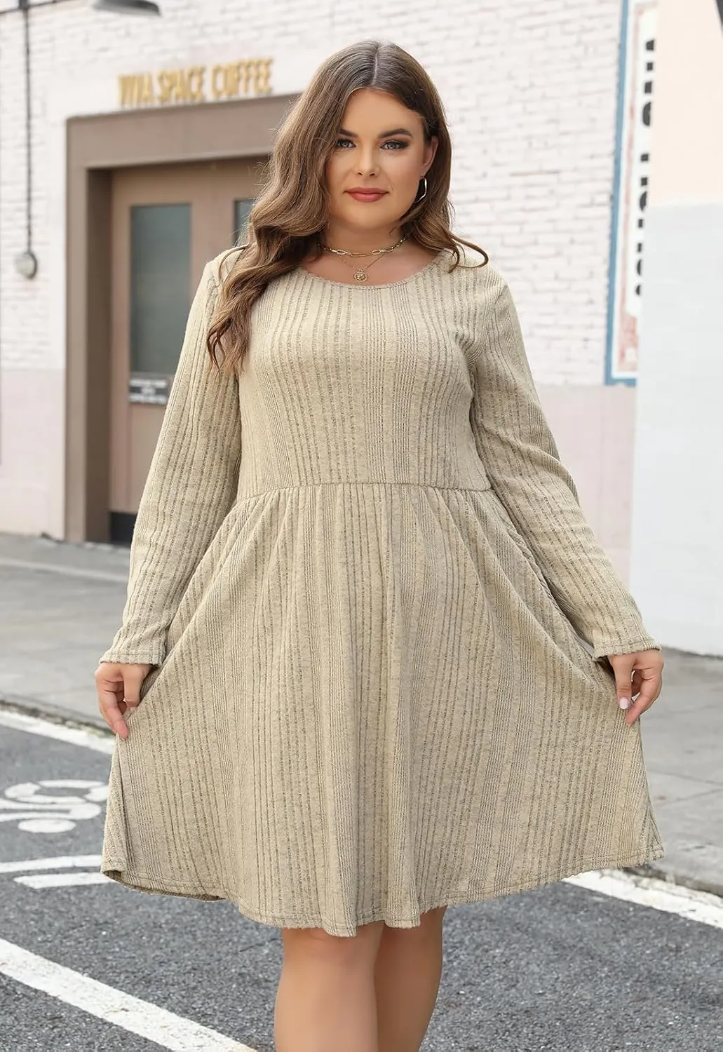 Nemidor Womens Plus Size Scooped Neck Long Sleeve Ribbed Midi Swing Dress with Pocket NEM543
