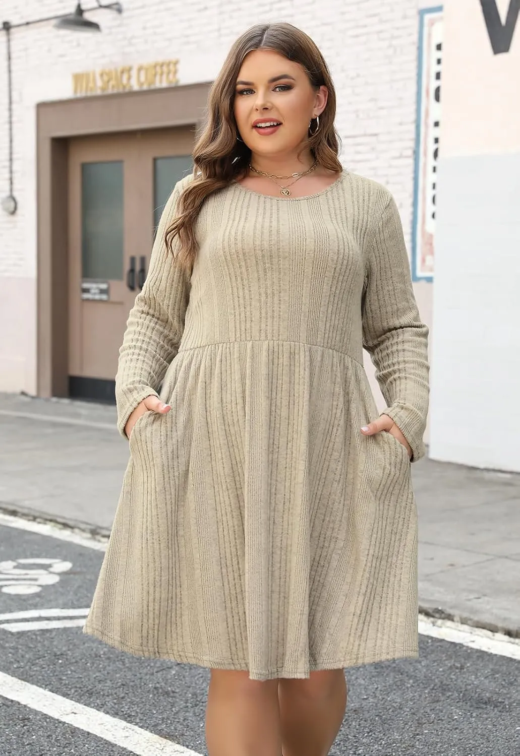 Nemidor Womens Plus Size Scooped Neck Long Sleeve Ribbed Midi Swing Dress with Pocket NEM543