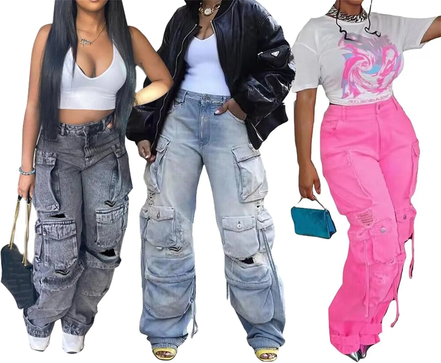 NRTHYE Cargo Jeans for Women Y2K High Waist Baggy Denim Cargo Pants with Pocket Streetwear