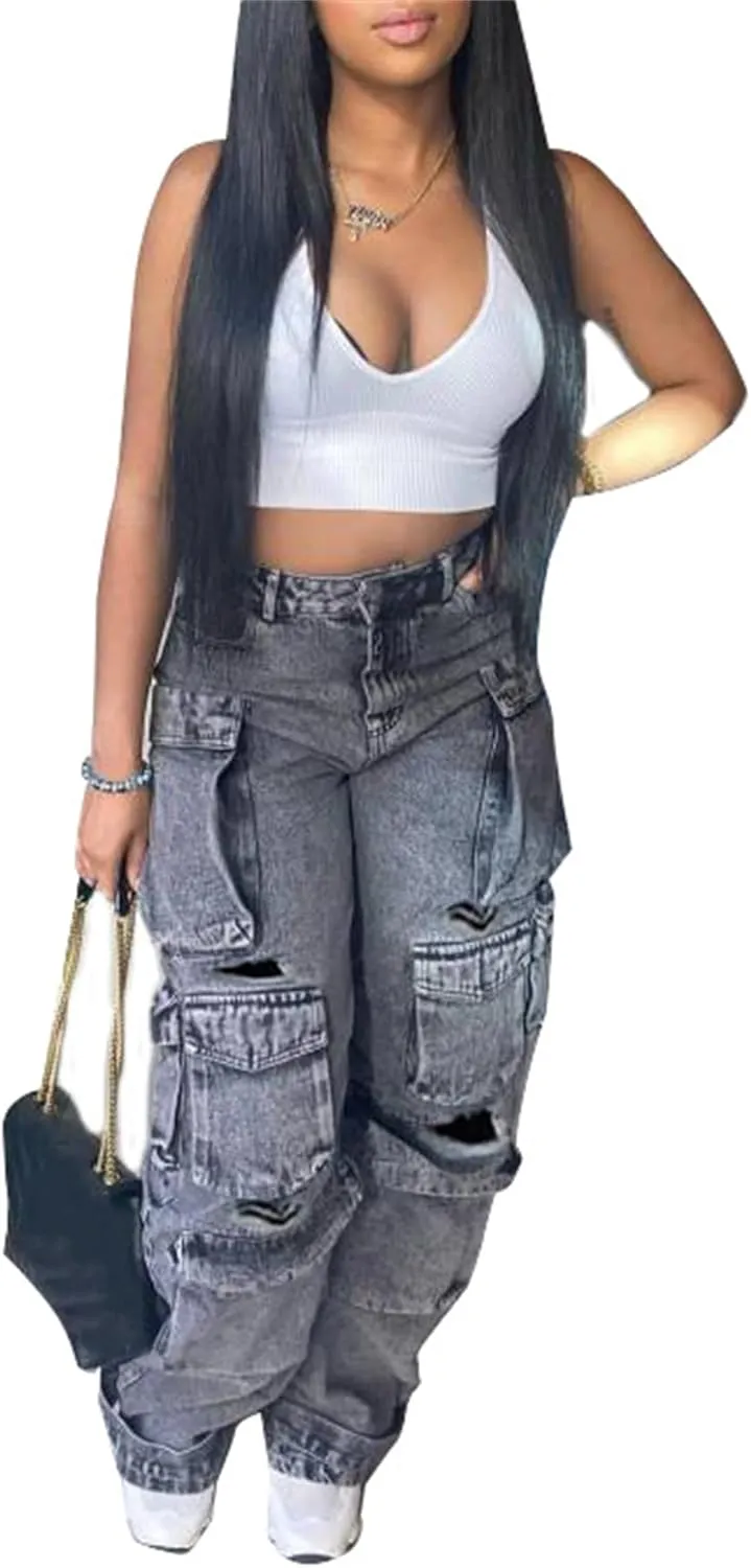 NRTHYE Cargo Jeans for Women Y2K High Waist Baggy Denim Cargo Pants with Pocket Streetwear