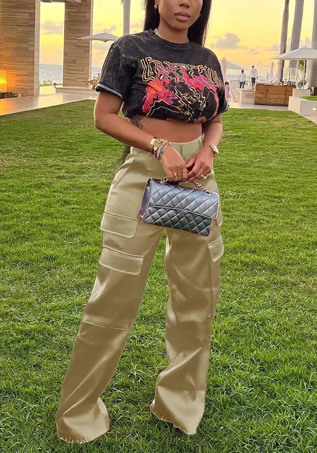 NRTHYE Women High Waisted Satin Cargo Pants Wide Leg Casual Pants Multi Pockets Straight Trousers