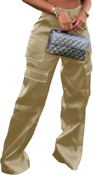 NRTHYE Women High Waisted Satin Cargo Pants Wide Leg Casual Pants Multi Pockets Straight Trousers
