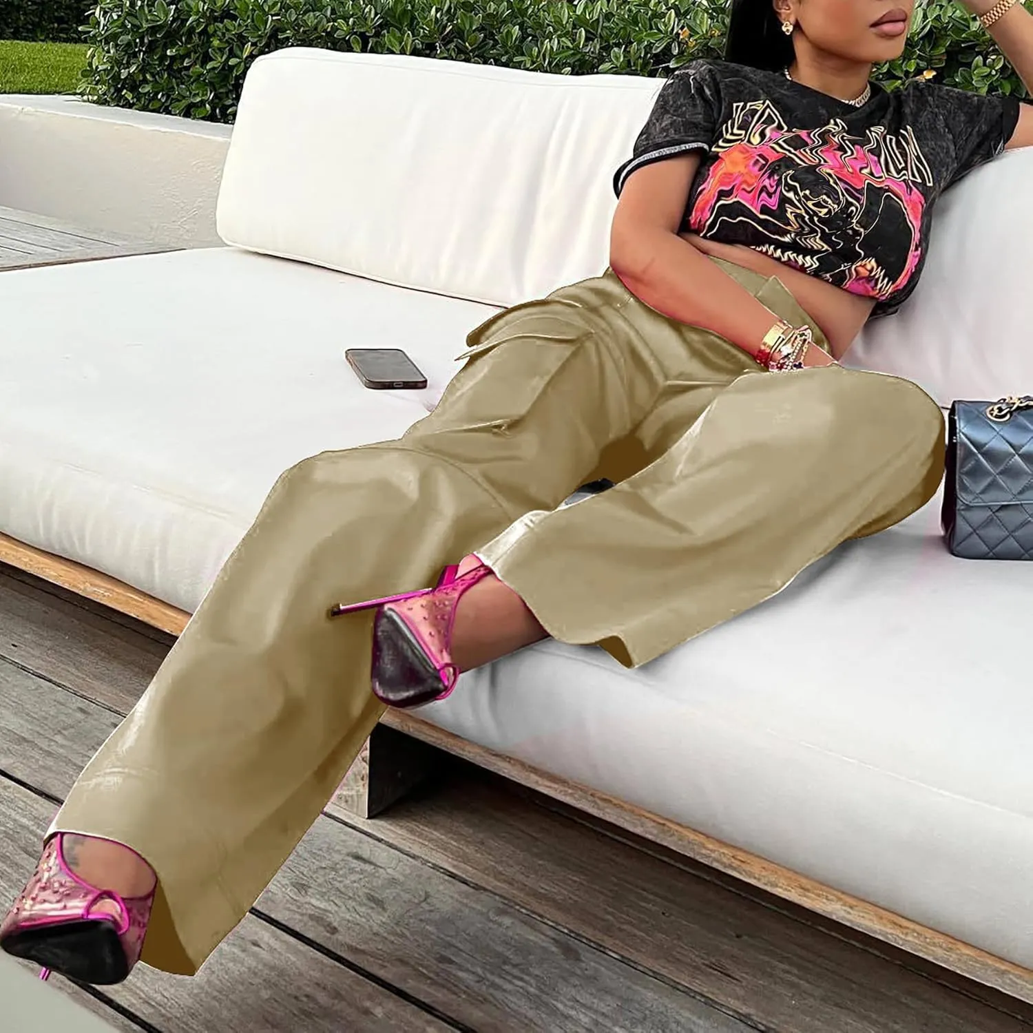 NRTHYE Women High Waisted Satin Cargo Pants Wide Leg Casual Pants Multi Pockets Straight Trousers