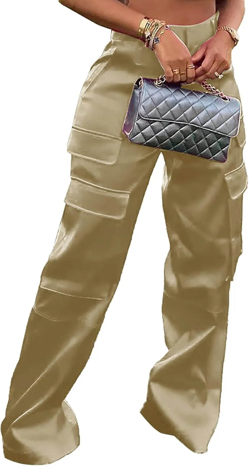 NRTHYE Women High Waisted Satin Cargo Pants Wide Leg Casual Pants Multi Pockets Straight Trousers