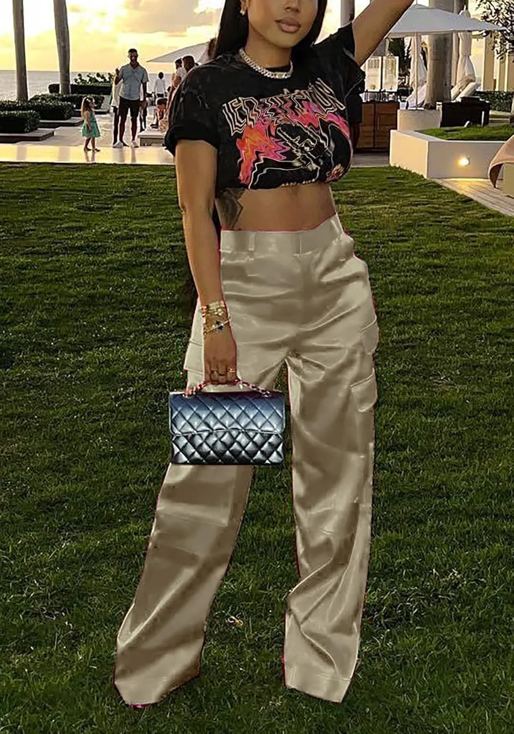 NRTHYE Women High Waisted Satin Cargo Pants Wide Leg Casual Pants Multi Pockets Straight Trousers