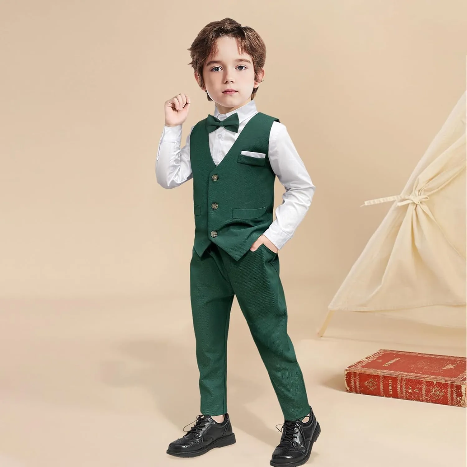 Nwada Boys Suit Set Formal Dress Shirt with Bow Tie, Slim Vest and Pants Toddler Boy Clothes Suits