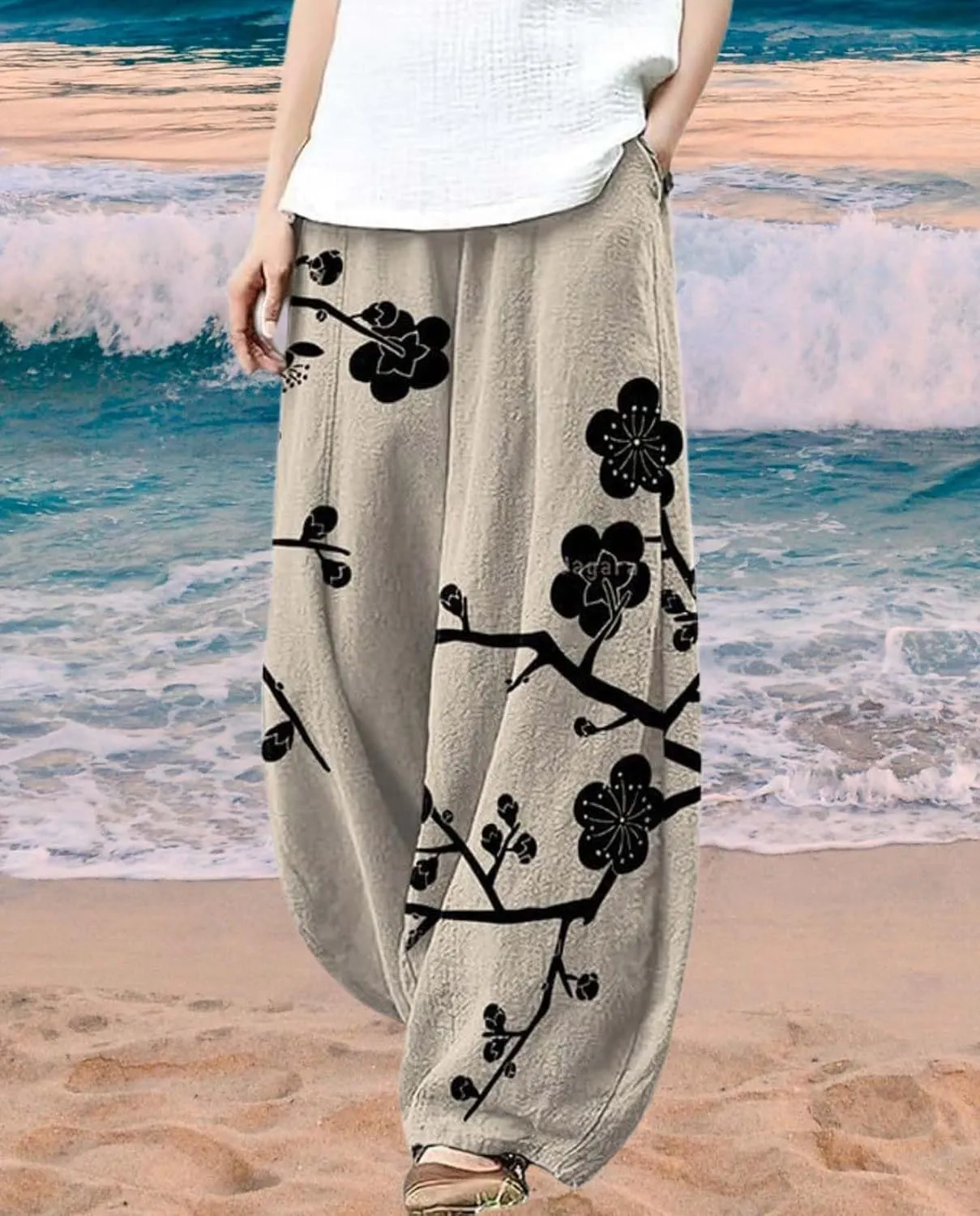 Ocean Print Cargo Pants for Women Cotton Linen Japanese Baggy Trouser Casual Boho Oil Painting Pants Wide Leg