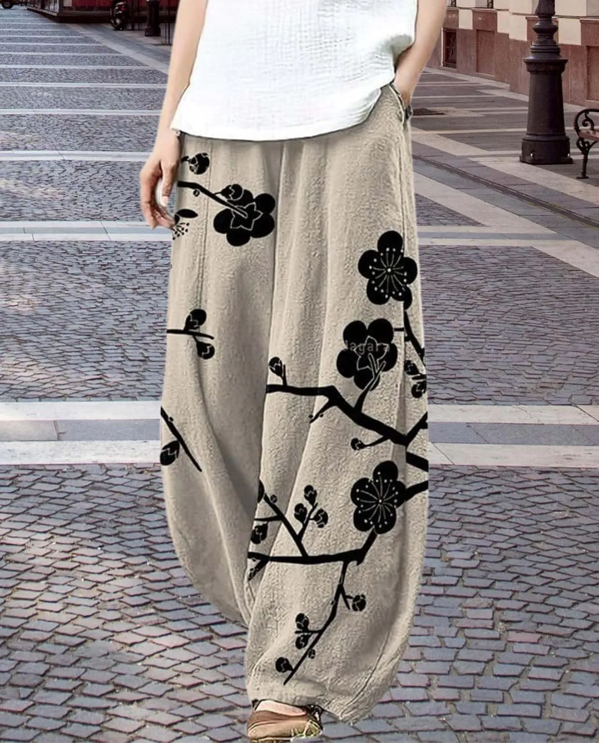 Ocean Print Cargo Pants for Women Cotton Linen Japanese Baggy Trouser Casual Boho Oil Painting Pants Wide Leg