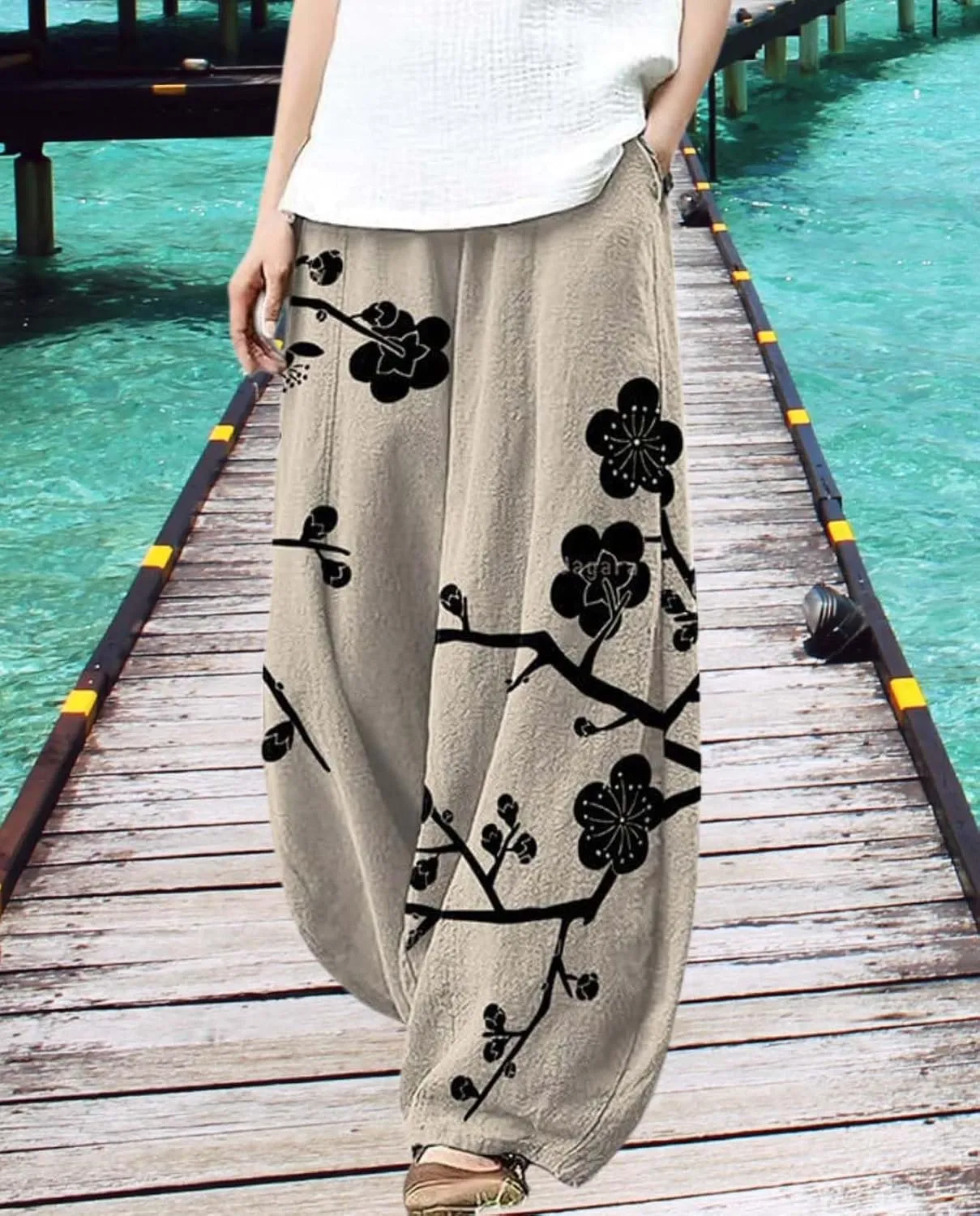 Ocean Print Cargo Pants for Women Cotton Linen Japanese Baggy Trouser Casual Boho Oil Painting Pants Wide Leg