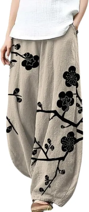 Ocean Print Cargo Pants for Women Cotton Linen Japanese Baggy Trouser Casual Boho Oil Painting Pants Wide Leg