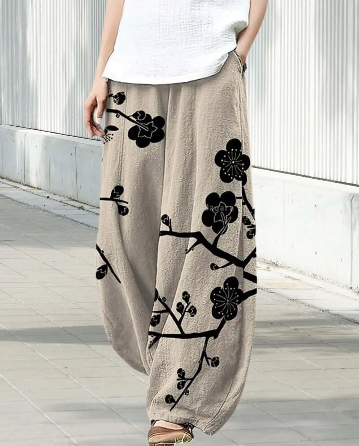 Ocean Print Cargo Pants for Women Cotton Linen Japanese Baggy Trouser Casual Boho Oil Painting Pants Wide Leg