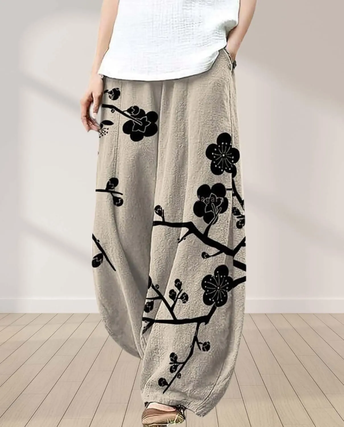 Ocean Print Cargo Pants for Women Cotton Linen Japanese Baggy Trouser Casual Boho Oil Painting Pants Wide Leg