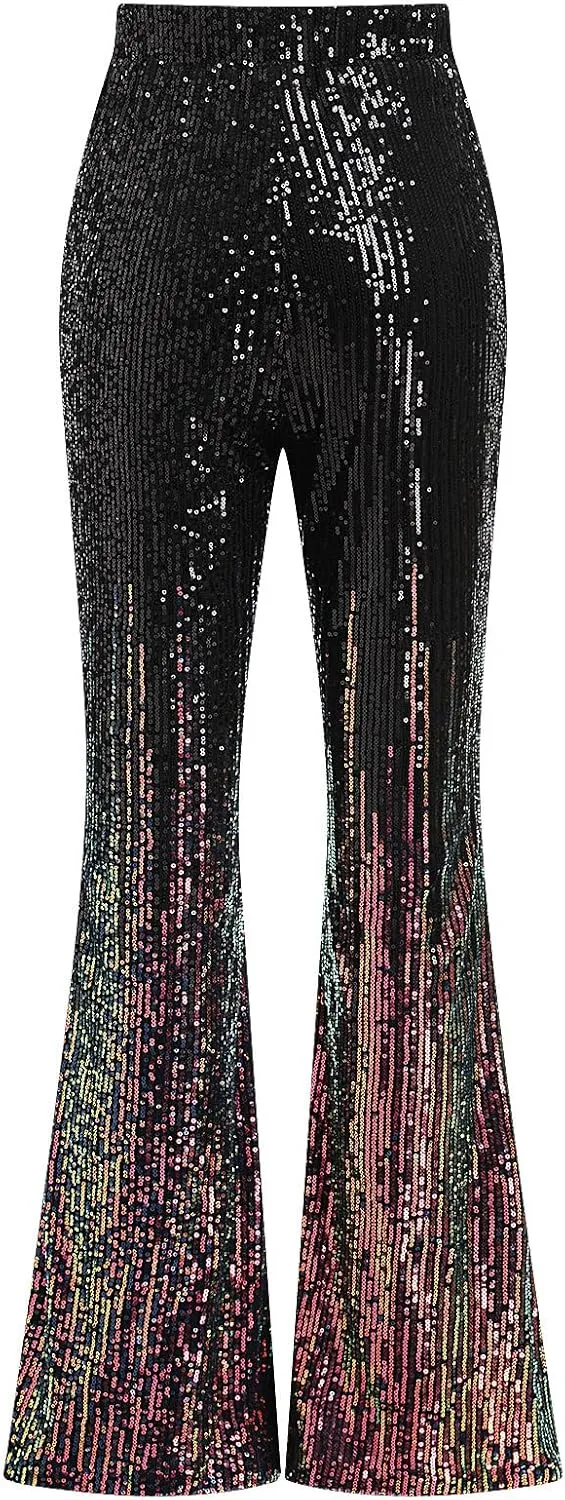 ODIZLI Womens Bell Bottom Sparkle Sequin Flare Pants Elastic High Waisted Bling Glitter Dance Pants
