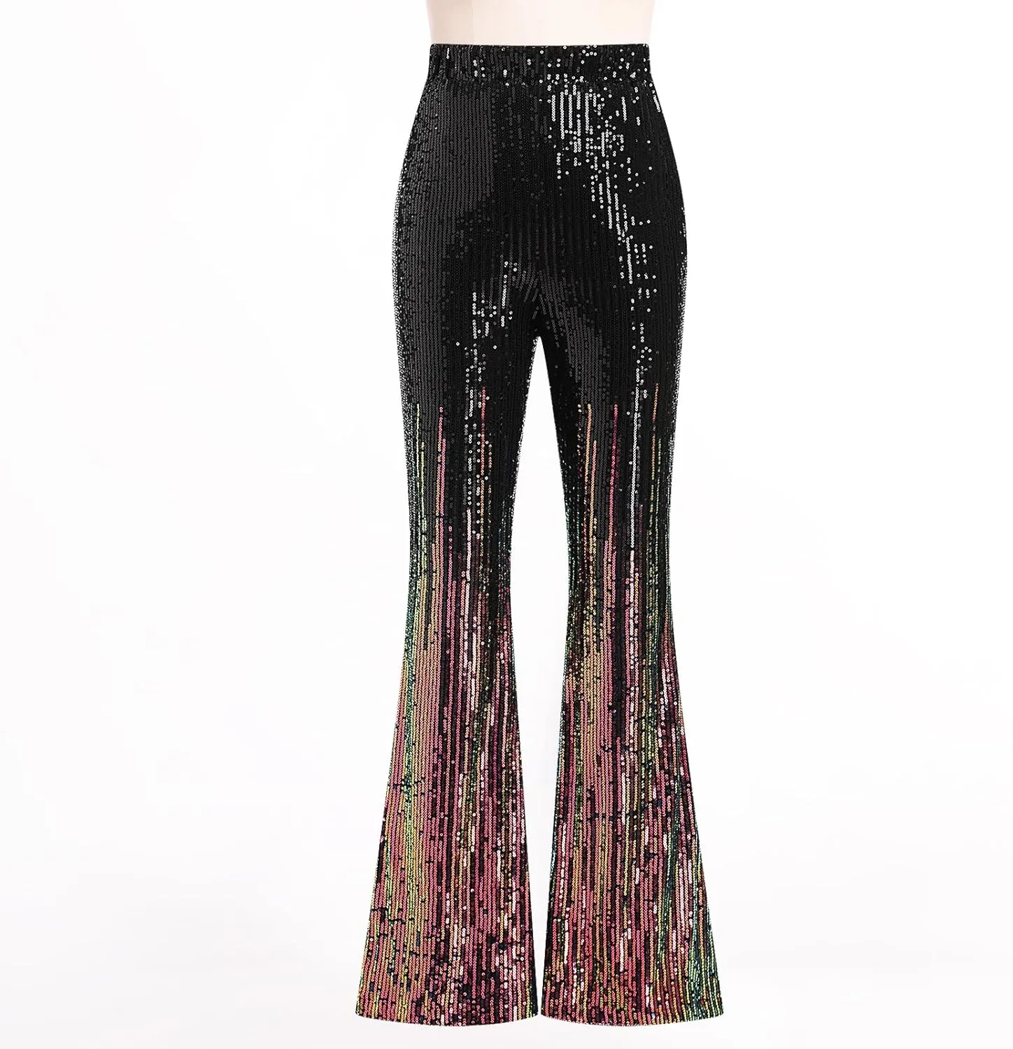 ODIZLI Womens Bell Bottom Sparkle Sequin Flare Pants Elastic High Waisted Bling Glitter Dance Pants
