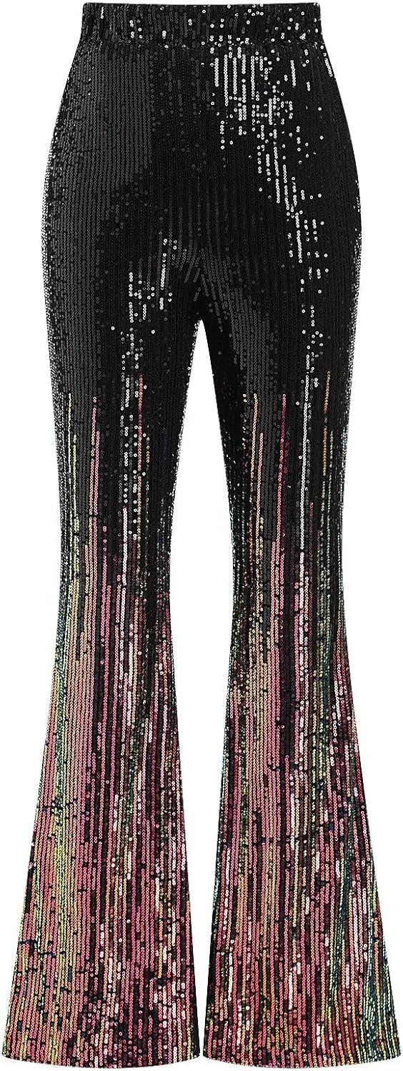 ODIZLI Womens Bell Bottom Sparkle Sequin Flare Pants Elastic High Waisted Bling Glitter Dance Pants