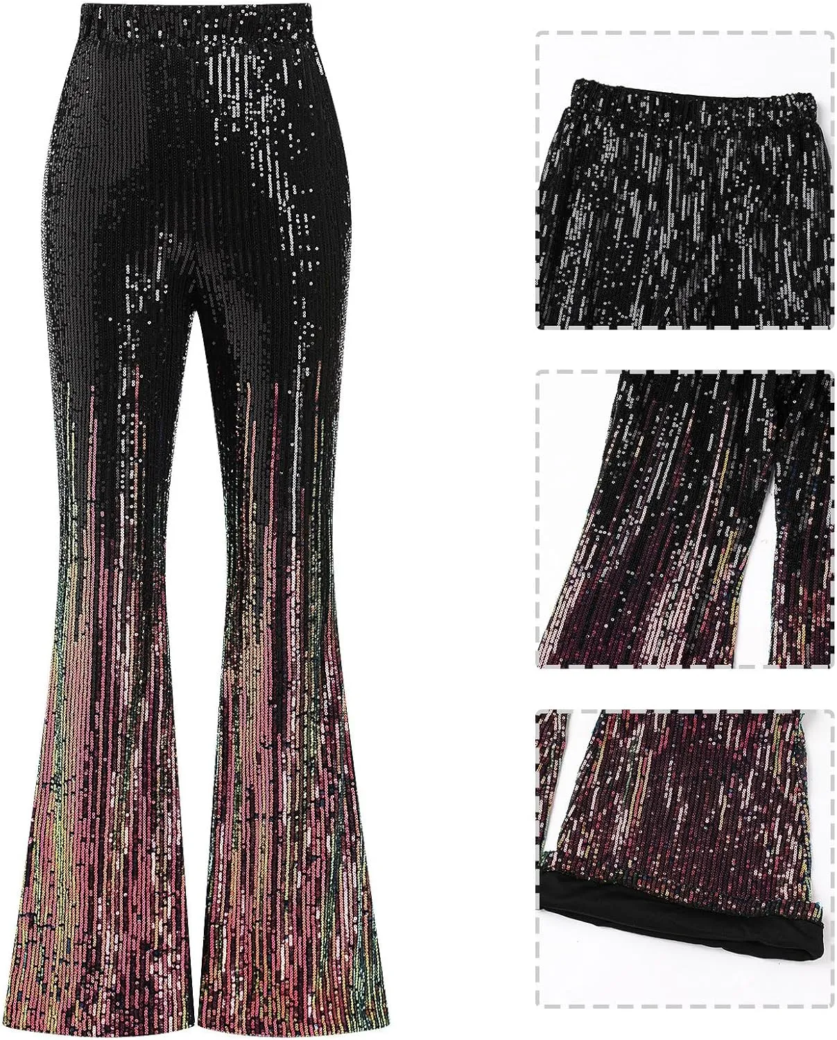 ODIZLI Womens Bell Bottom Sparkle Sequin Flare Pants Elastic High Waisted Bling Glitter Dance Pants