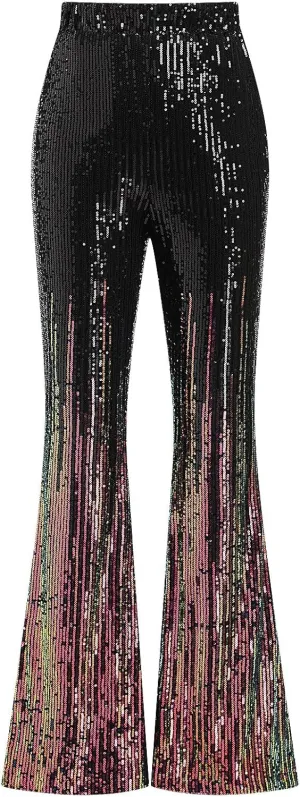ODIZLI Womens Bell Bottom Sparkle Sequin Flare Pants Elastic High Waisted Bling Glitter Dance Pants