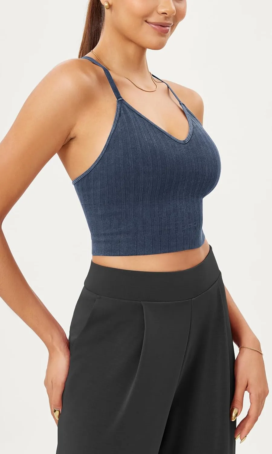 ODODOS Seamless Padded Sports Bra for Women Strappy Longline Wirefree Brami Ribbed Crop Tank Tops
