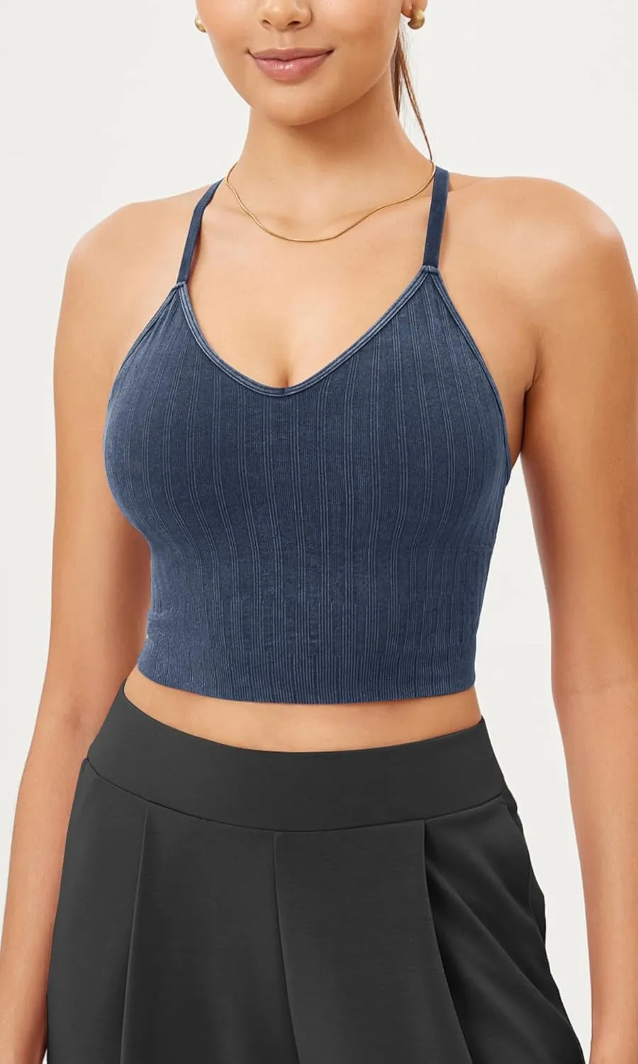 ODODOS Seamless Padded Sports Bra for Women Strappy Longline Wirefree Brami Ribbed Crop Tank Tops