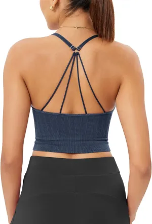 ODODOS Seamless Padded Sports Bra for Women Strappy Longline Wirefree Brami Ribbed Crop Tank Tops