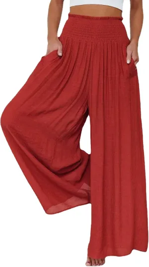 OPOIPIN Women's Smocked High Waisted Lounge Trousers Wide Leg Long Pants with Pockets