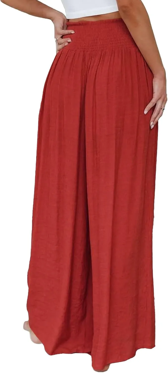 OPOIPIN Women's Smocked High Waisted Lounge Trousers Wide Leg Long Pants with Pockets