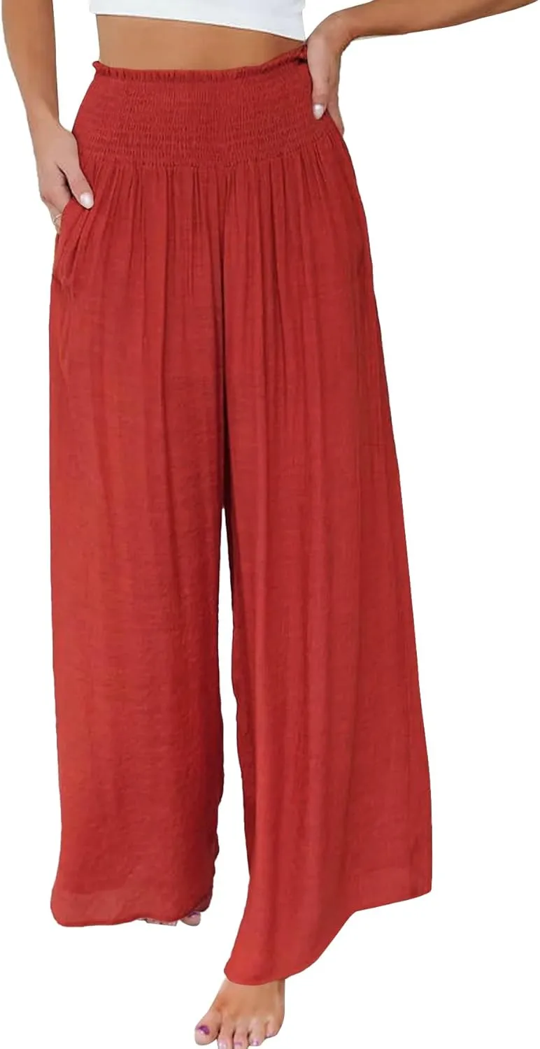 OPOIPIN Women's Smocked High Waisted Lounge Trousers Wide Leg Long Pants with Pockets
