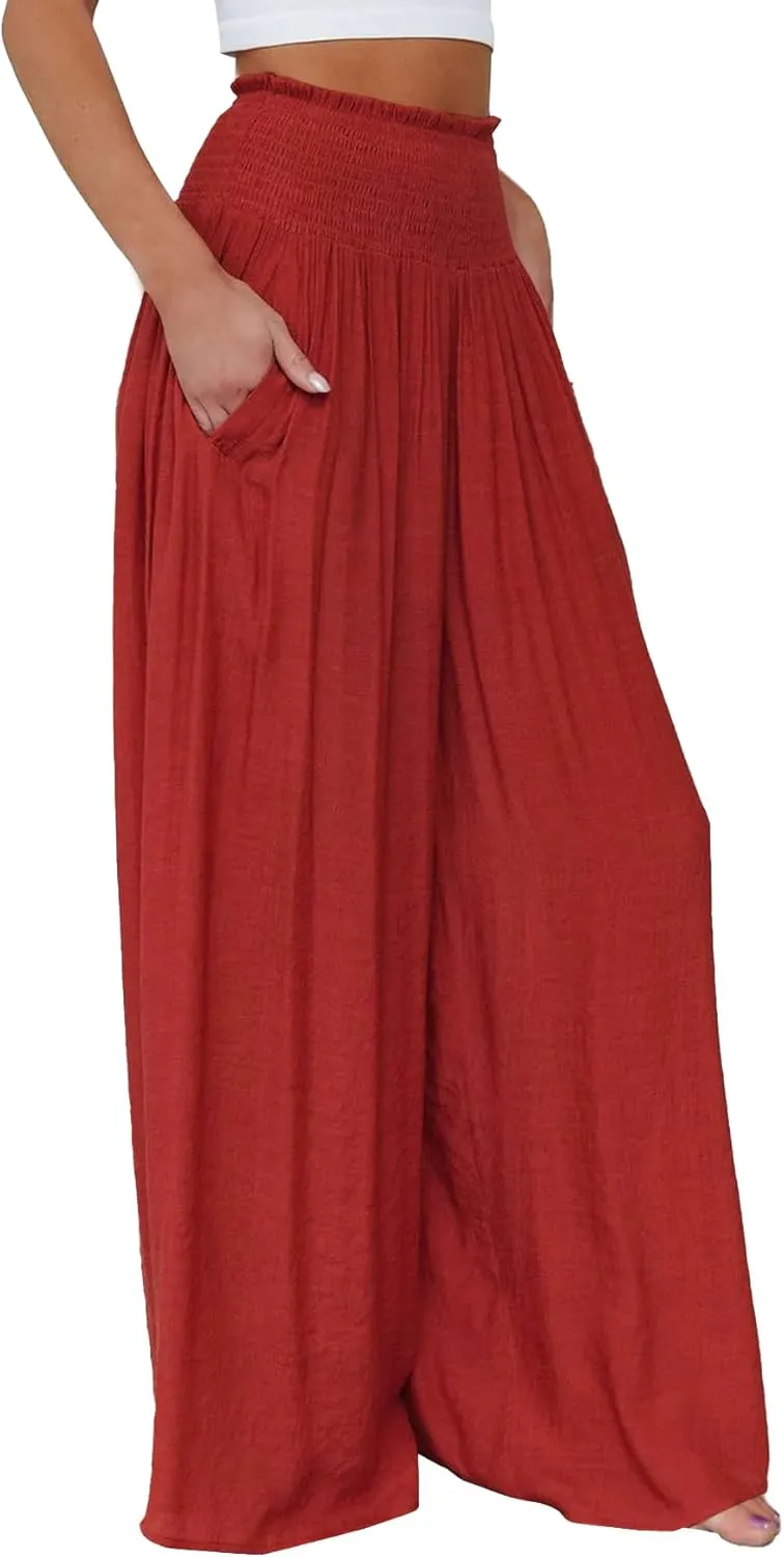 OPOIPIN Women's Smocked High Waisted Lounge Trousers Wide Leg Long Pants with Pockets