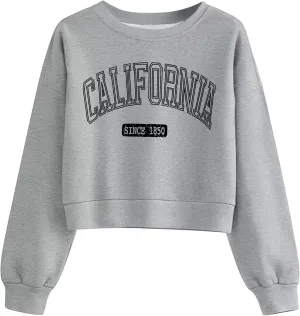 ORANDESIGNE Womens Cropped Letter Printed Sweatshirts Graphic Crewneck Long Sleeve Pullover Casual Loose Fit Tops