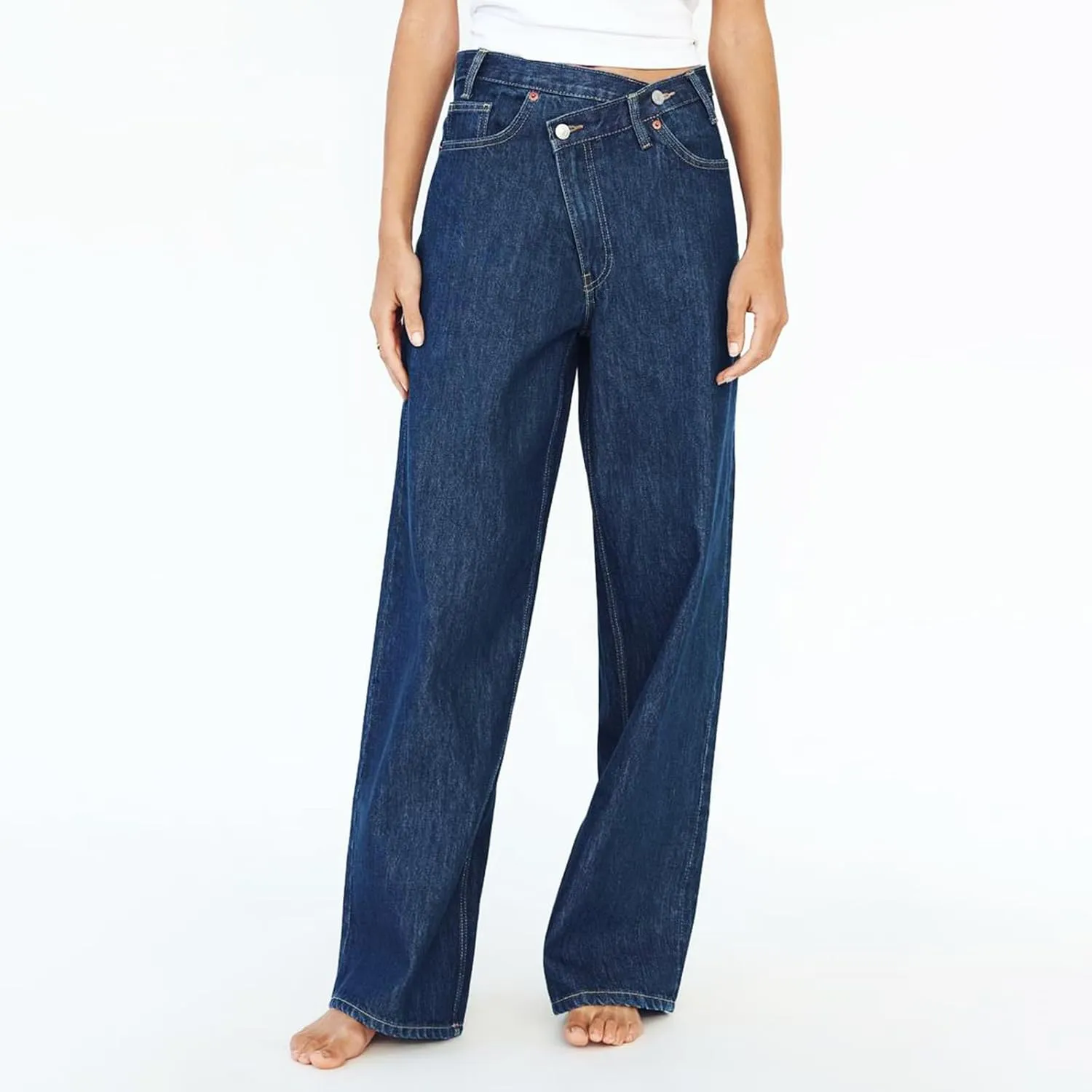 Owl's-Yard Women's Y2k Mid Rise Washed Baggy Jeans Crossover Wide Leg Loose Boyfriend Denim Pants Trousers with Pockets