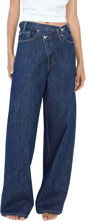 Owl's-Yard Women's Y2k Mid Rise Washed Baggy Jeans Crossover Wide Leg Loose Boyfriend Denim Pants Trousers with Pockets