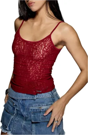 OYOANGLE Women's Lace Sheer Scoop Neck Cami Top Spaghetti Strap Tank Tops Slim Fitted Camisole