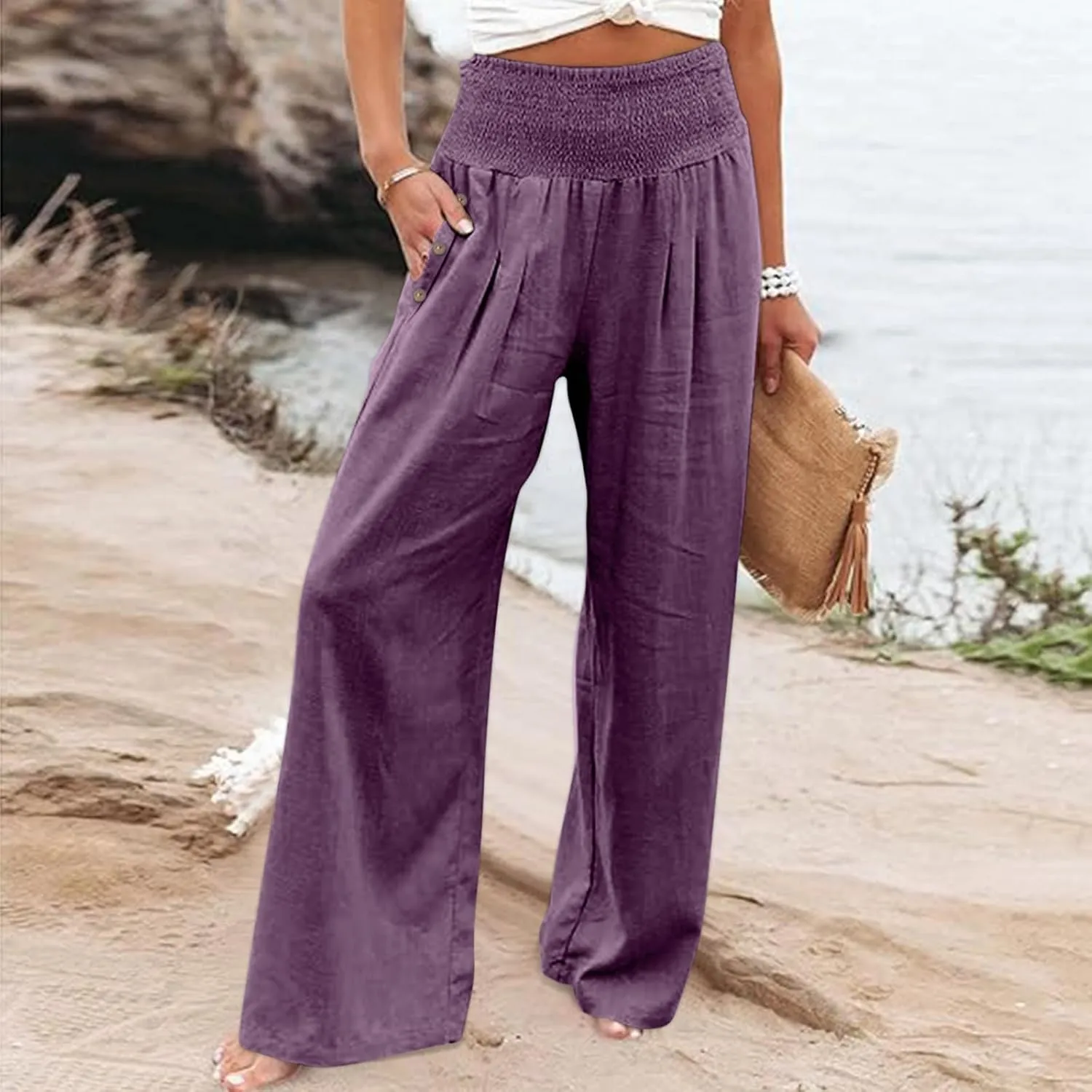 Palazzo Pants for Women Cotton Linen Wide Leg Lounge Pants Plus Size Elastic High Waisted Work Pants with Pockets