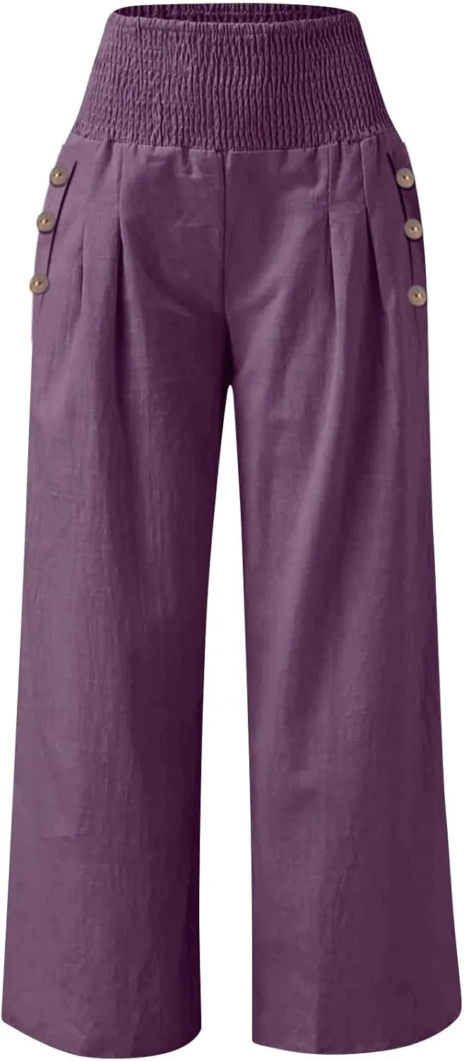 Palazzo Pants for Women Cotton Linen Wide Leg Lounge Pants Plus Size Elastic High Waisted Work Pants with Pockets
