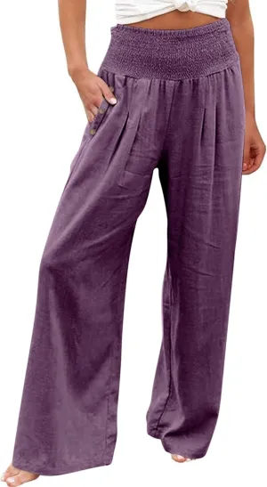Palazzo Pants for Women Cotton Linen Wide Leg Lounge Pants Plus Size Elastic High Waisted Work Pants with Pockets