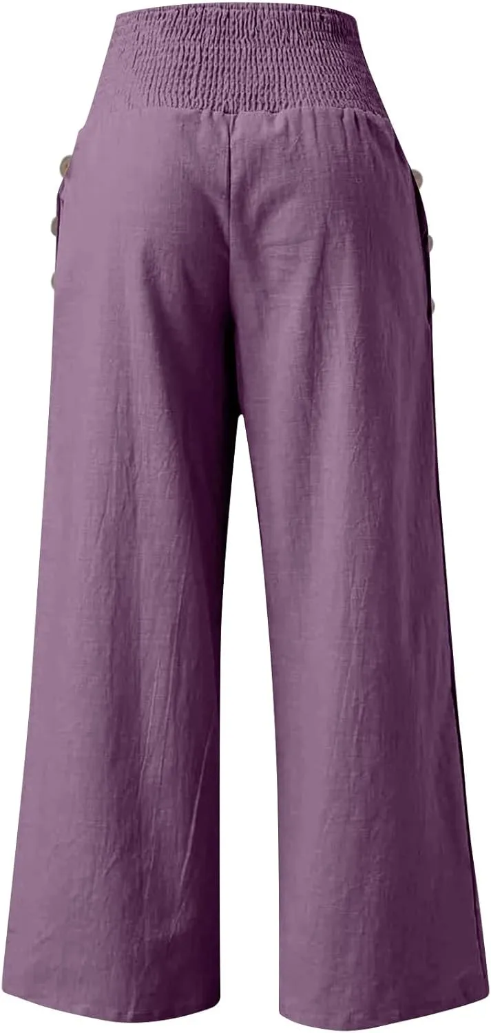 Palazzo Pants for Women Cotton Linen Wide Leg Lounge Pants Plus Size Elastic High Waisted Work Pants with Pockets