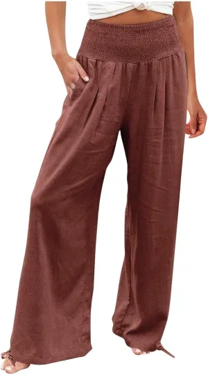 Palazzo Pants for Women Summer Wide Leg High Waist Linen Pants Loose Fitting Casual Flowy Trousers with Pockets