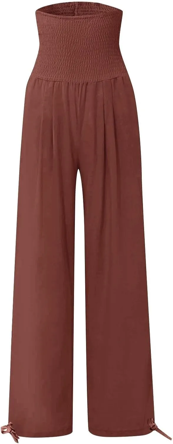 Palazzo Pants for Women Summer Wide Leg High Waist Linen Pants Loose Fitting Casual Flowy Trousers with Pockets