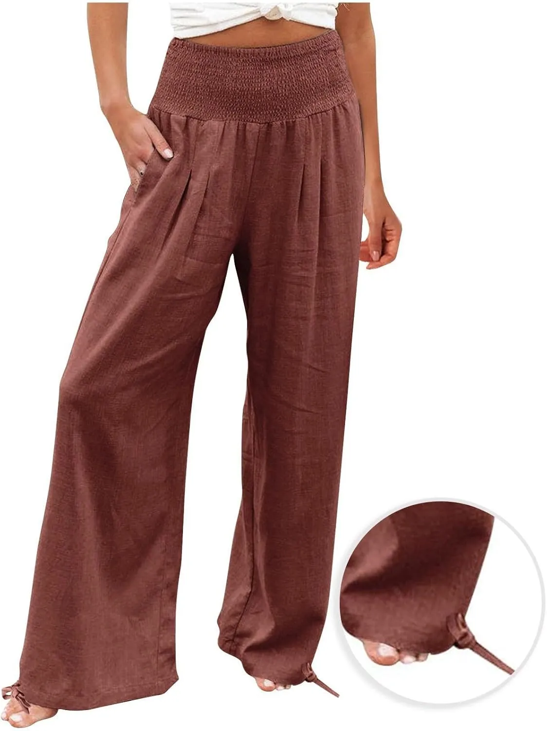 Palazzo Pants for Women Summer Wide Leg High Waist Linen Pants Loose Fitting Casual Flowy Trousers with Pockets