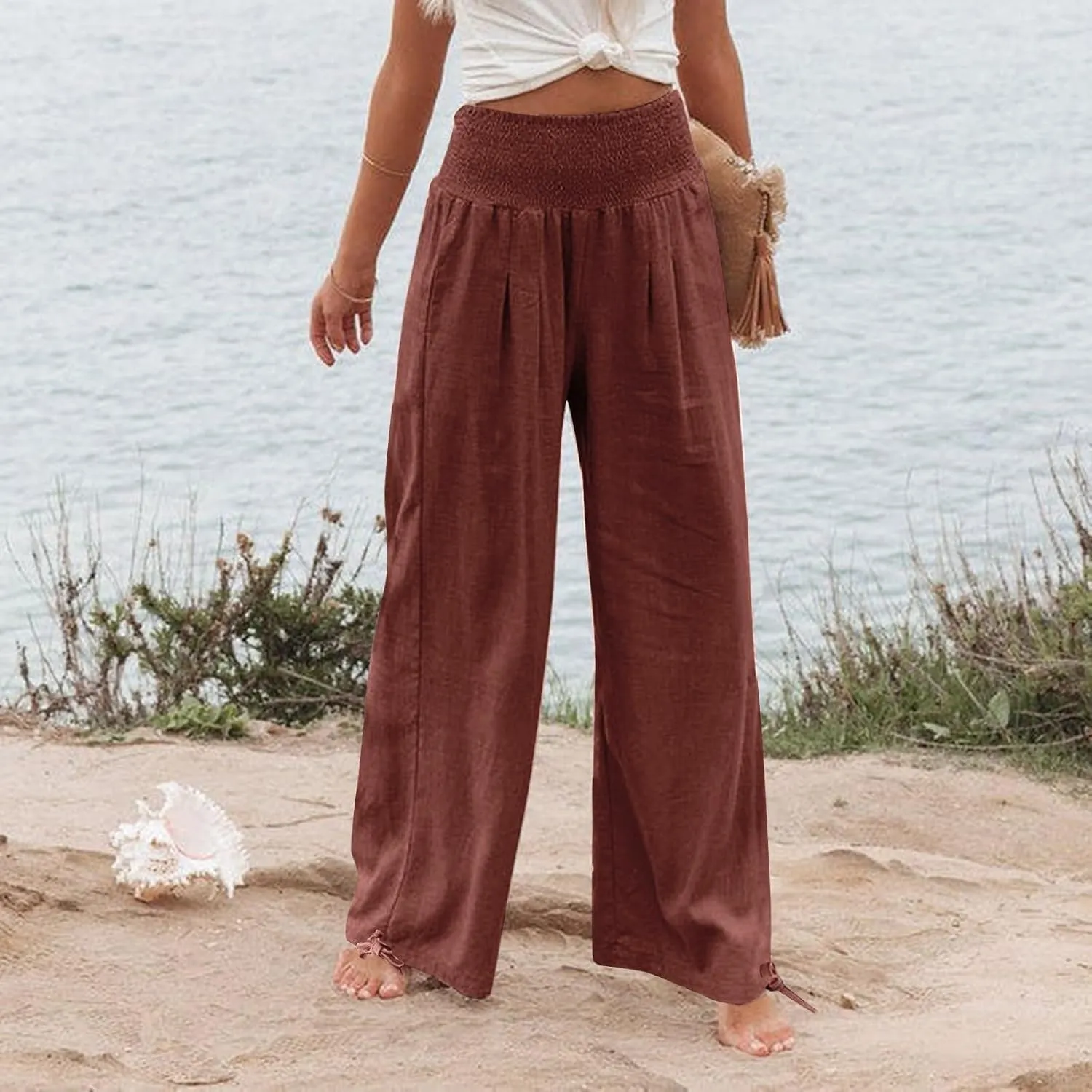 Palazzo Pants for Women Summer Wide Leg High Waist Linen Pants Loose Fitting Casual Flowy Trousers with Pockets
