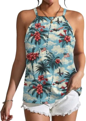 Palm Trees Hibiscus U.S. Flag Women's Tank Top Sleeveless Spaghetti Straps Tie Back Print T-shirt Tops