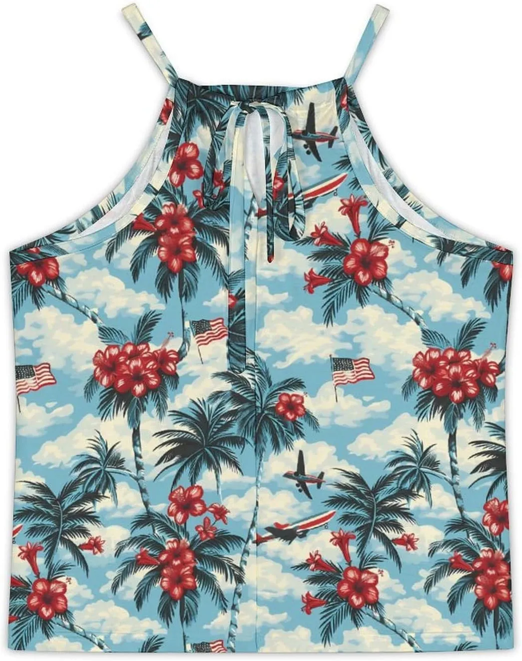 Palm Trees Hibiscus U.S. Flag Women's Tank Top Sleeveless Spaghetti Straps Tie Back Print T-shirt Tops