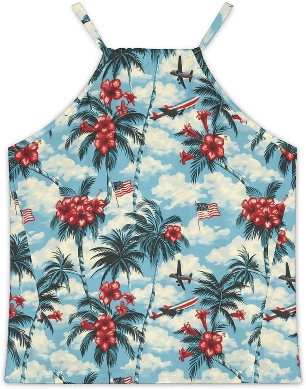 Palm Trees Hibiscus U.S. Flag Women's Tank Top Sleeveless Spaghetti Straps Tie Back Print T-shirt Tops