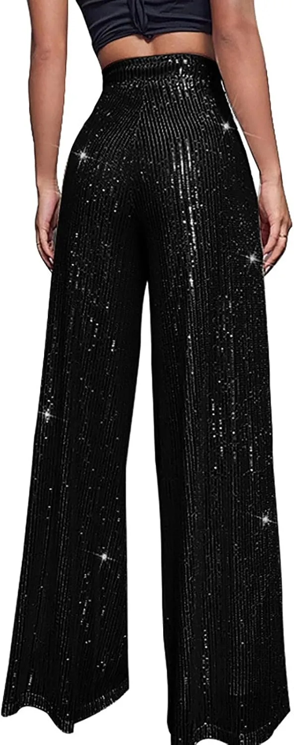 Pants for Women Womens High Waist Casual Loose Sparkle Sequin Shiny Wide Leg Flare Palazzo Pants Trousers