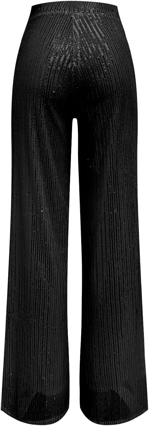 Pants for Women Womens High Waist Casual Loose Sparkle Sequin Shiny Wide Leg Flare Palazzo Pants Trousers