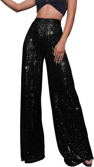 Pants for Women Womens High Waist Casual Loose Sparkle Sequin Shiny Wide Leg Flare Palazzo Pants Trousers
