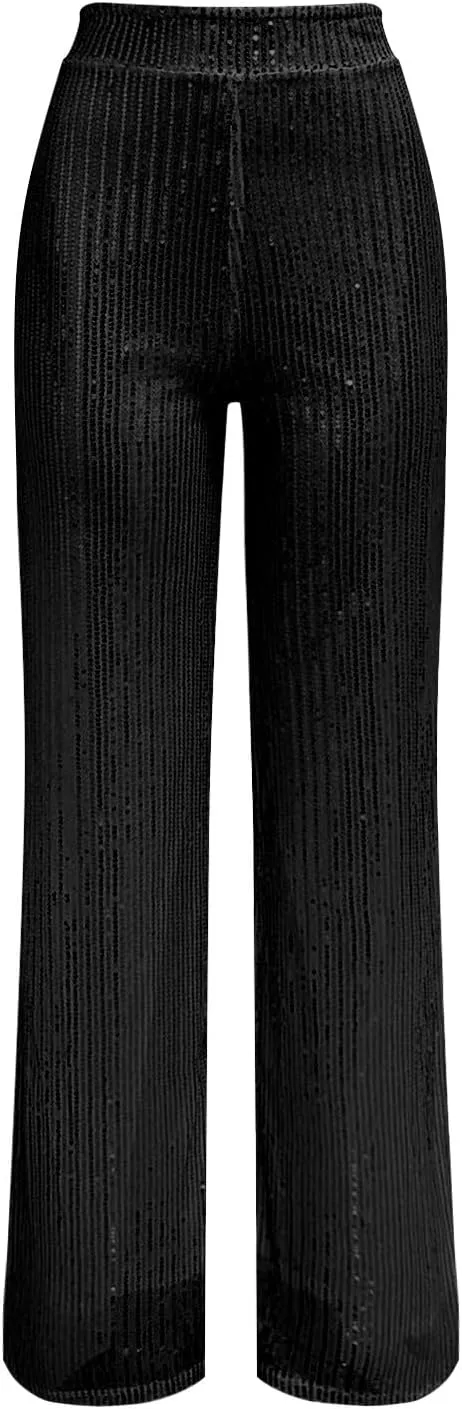 Pants for Women Womens High Waist Casual Loose Sparkle Sequin Shiny Wide Leg Flare Palazzo Pants Trousers