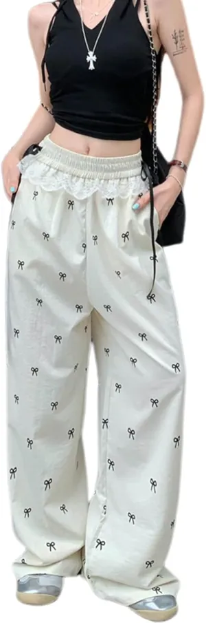 PDLCVD Y2K Wide Leg Pants Women High Waisted Lounge Palazzo Pants Bow Print Lace Trim Elastic Waist Trouser with Pockets