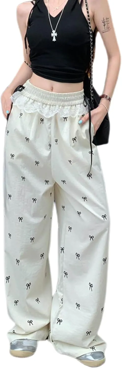 PDLCVD Y2K Wide Leg Pants Women High Waisted Lounge Palazzo Pants Bow Print Lace Trim Elastic Waist Trouser with Pockets