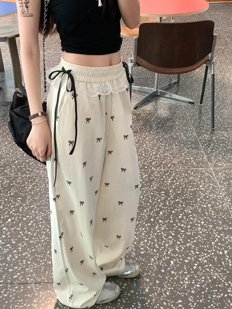 PDLCVD Y2K Wide Leg Pants Women High Waisted Lounge Palazzo Pants Bow Print Lace Trim Elastic Waist Trouser with Pockets